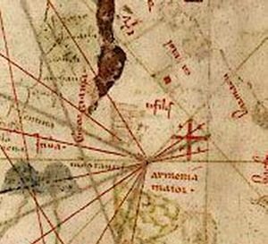 Tiflis y bandera de cinco cruzes en un portulano de 1339 de Angelino Dulcert