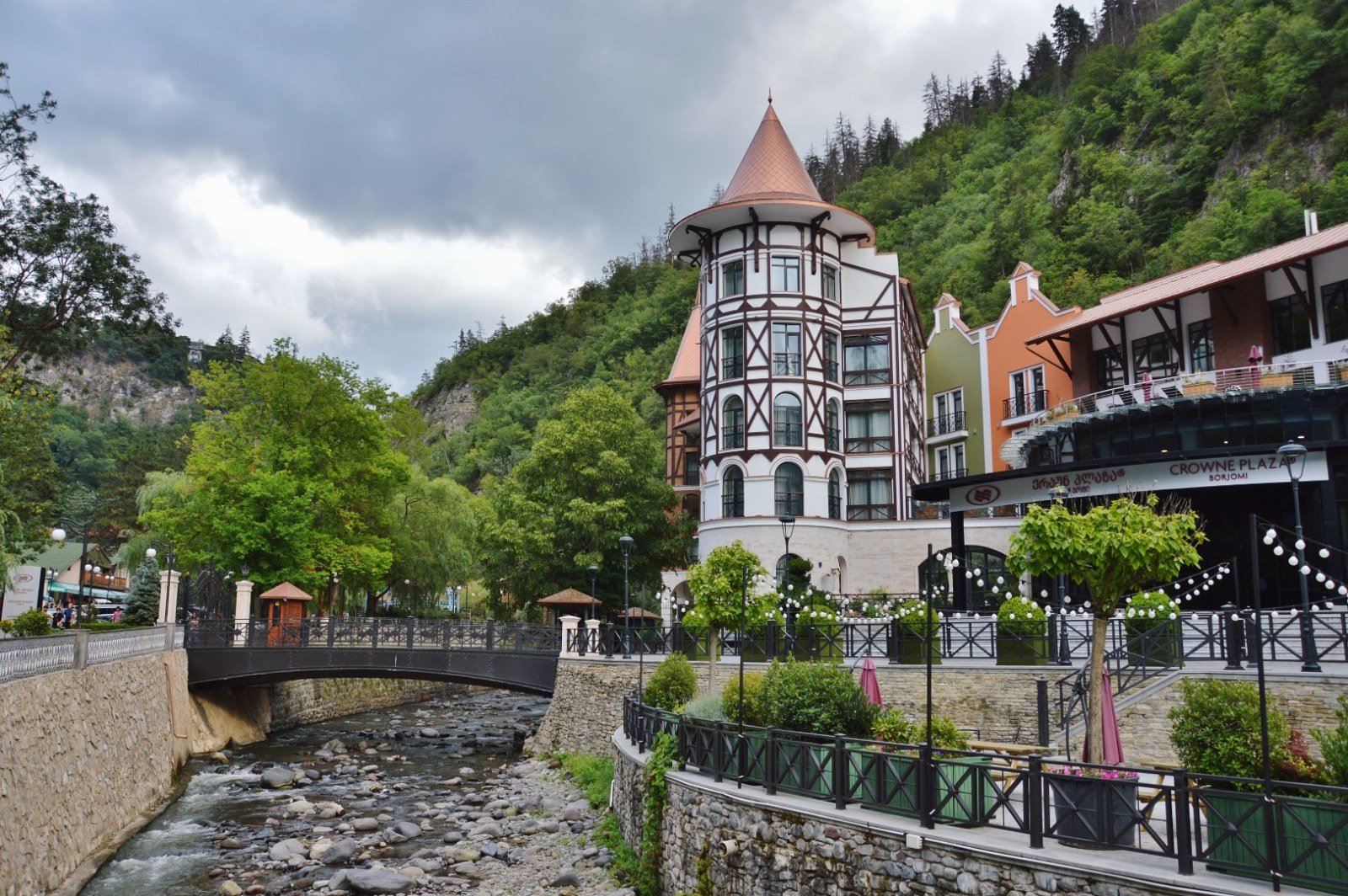 Crowne Plaza Hotel and Borjomula River western view in Borjomi