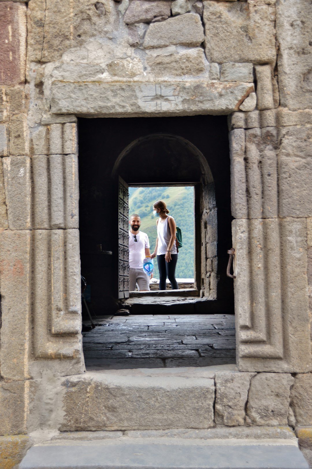 The two doorways of Gergeti Trinity Church bell tower