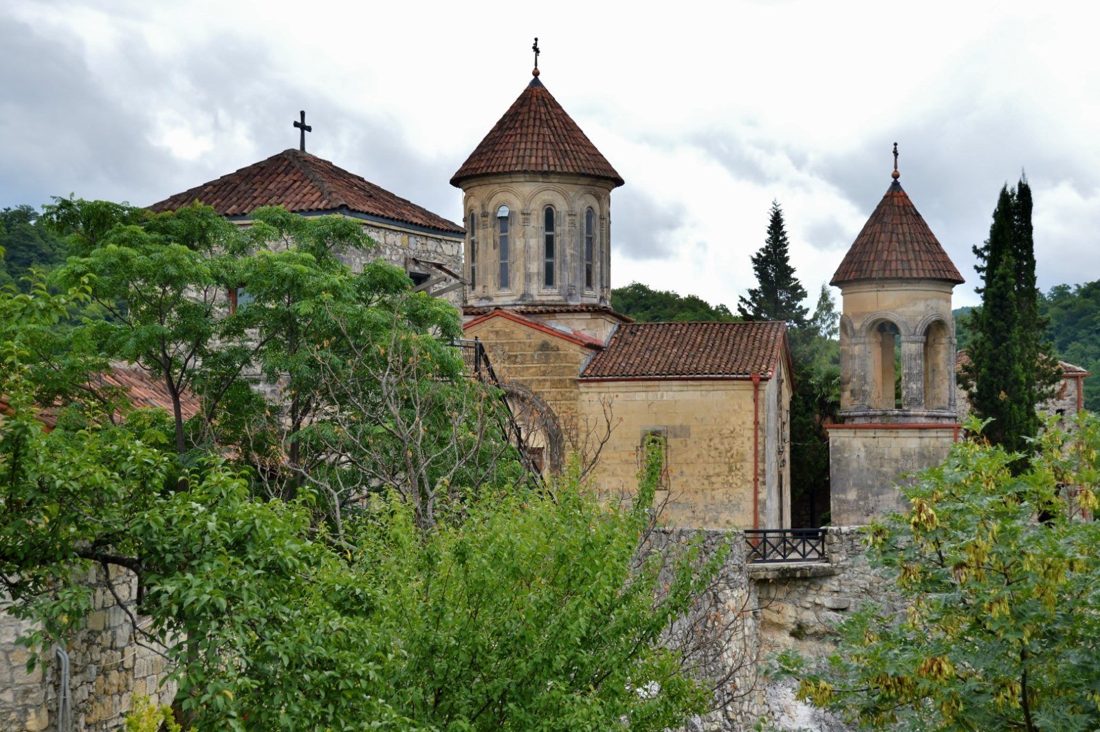 View of the church and bell tower of Motsameta Monastery