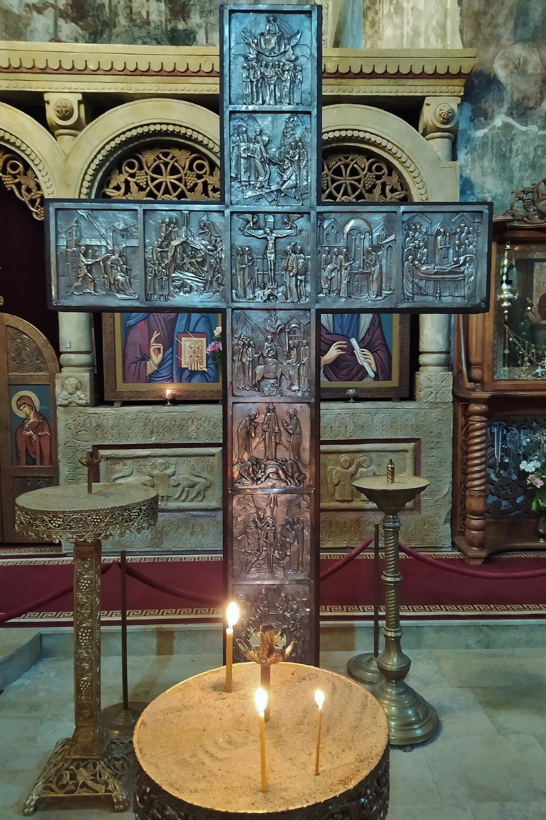 Silver cross with bas-reliefs in St Saba Church, Sapara Monastery