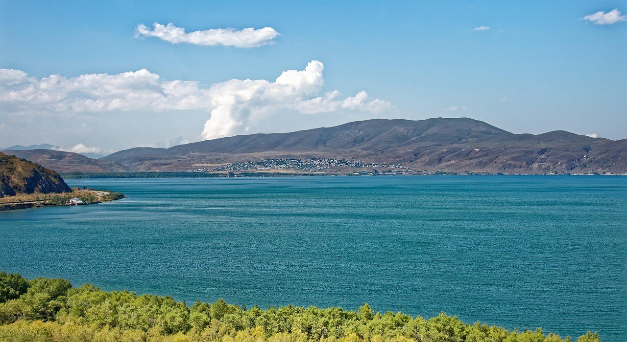Panoramic view of Lake Sevan and Sevanavank peninsula, Armenia