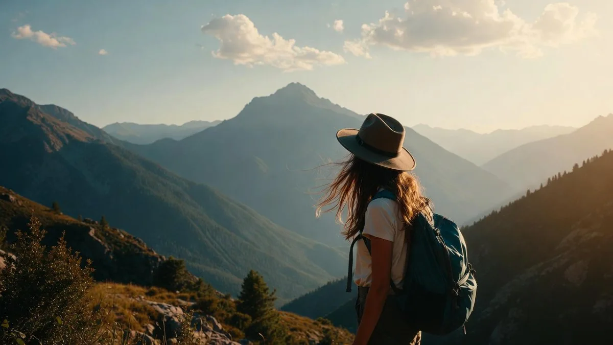 Traveller contemplating a mountain landscape with a backpack and open horizon