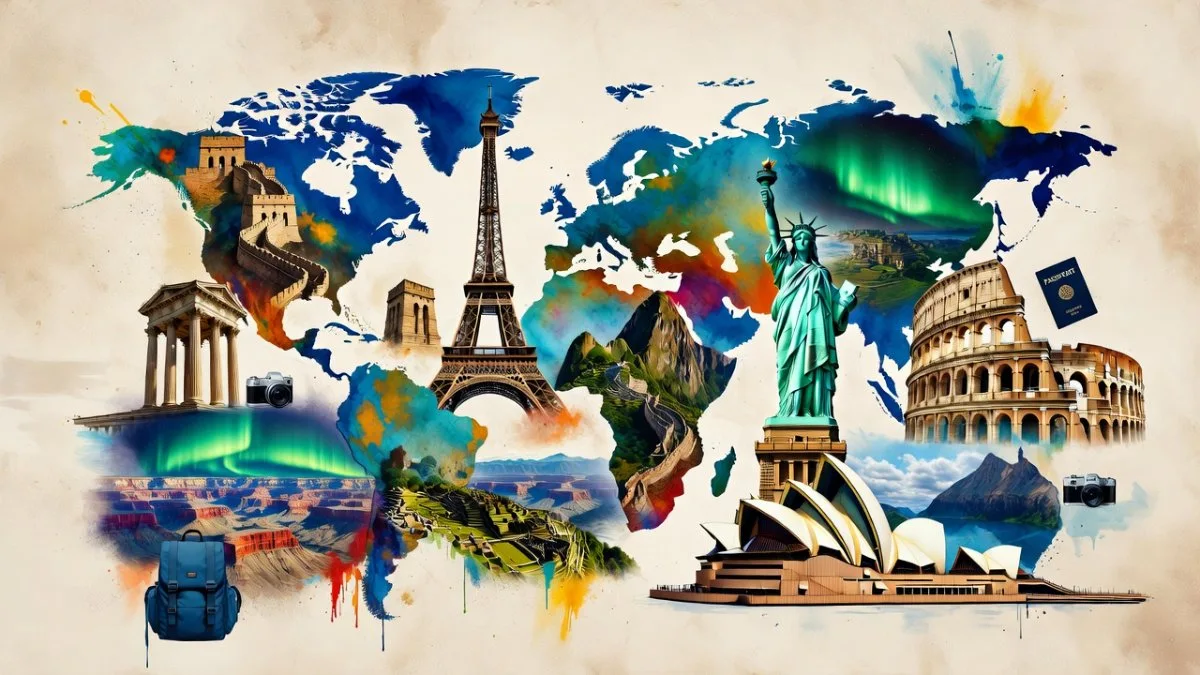 Collage of monuments and landscapes from different continents for world travellers