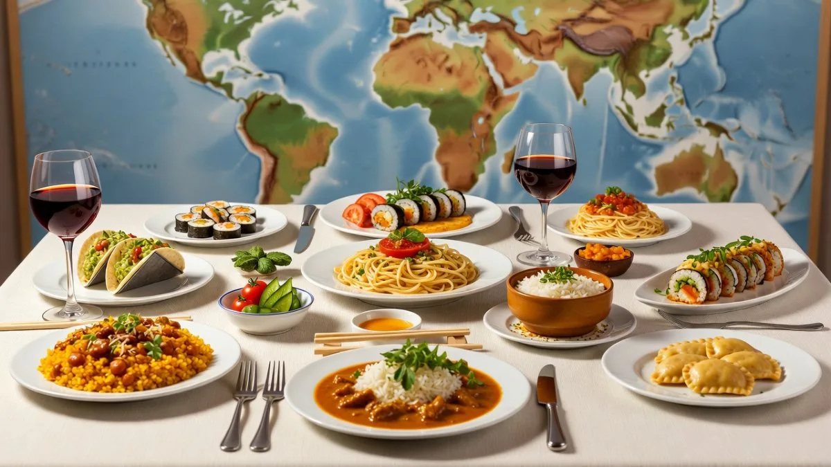 Table with traditional dishes from different world cultures served at a supra