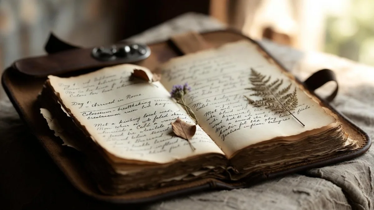 Vintage travel journal with notes and memories from an explorer