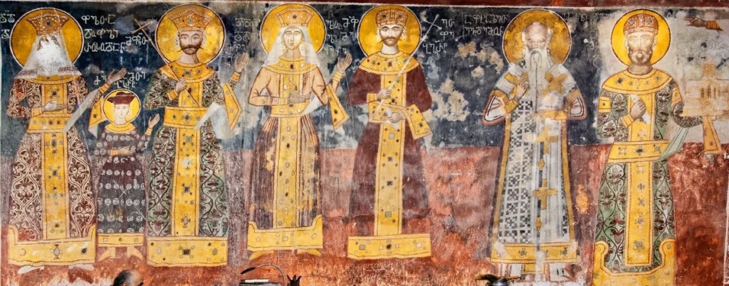 Fresco majestoso dos reis georgianos na Academia de Gelati, símbolo da Religião na Geórgia.